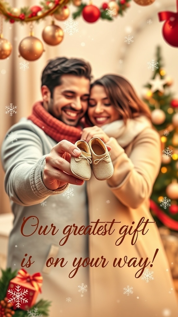 Christmas card with a couple holding baby shoes, festive decorations, and text announcing pregnancy.